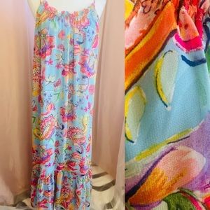Nicole Miller Floral Paisley Print Ruffle Hem‎ Maxi Dress Length Blue & Pink